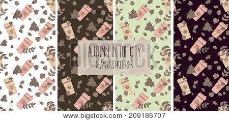 Autumn in the city seamless patterns. Set of paper disposable coffee cups in leaves patterns. Mug vector illustration.
