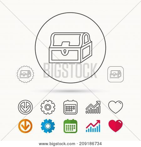 Treasure chest icon. Piratic treasury sign. Wealth symbol. Calendar, Graph chart and Cogwheel signs. Download and Heart love linear web icons. Vector