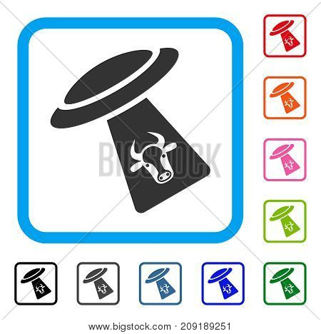 Cattle UFO Abduction icon. Flat grey pictogram symbol inside a light blue rounded squared frame. Black, gray, green, blue, red, orange color variants of Cattle UFO Abduction vector.