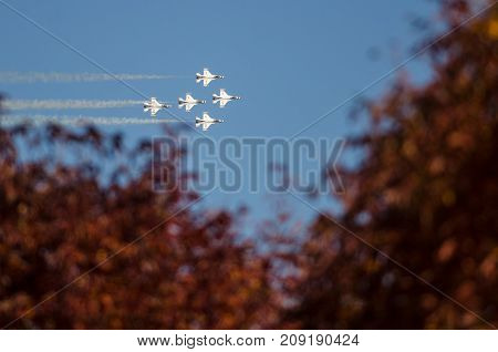 Boise Idaho USA - October 15 2017. United States Air Force Thunderbirds performing at the Gowen Thunder airshow on October 15. 2017.
