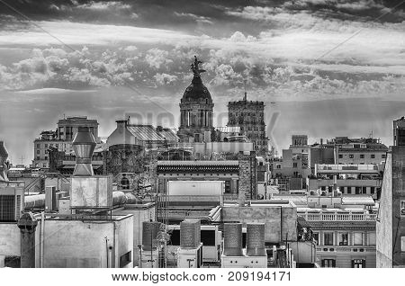 Aerial View Over The Rooftops Of Central Barcelona, Catalonia, Spain