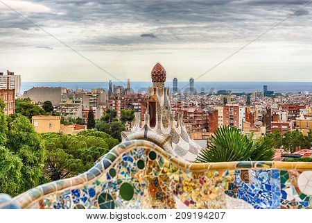 Scenic Aerial View From Park Guell In Barcelona, Catalonia, Spain