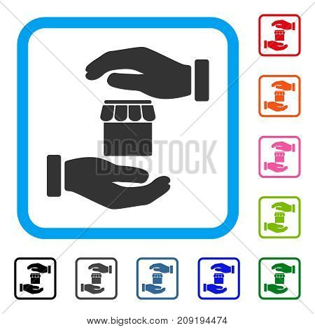Real Estate Insurance Hands icon. Flat gray iconic symbol in a light blue rounded rectangle. Black, gray, green, blue, red, orange color additional versions of Real Estate Insurance Hands vector.