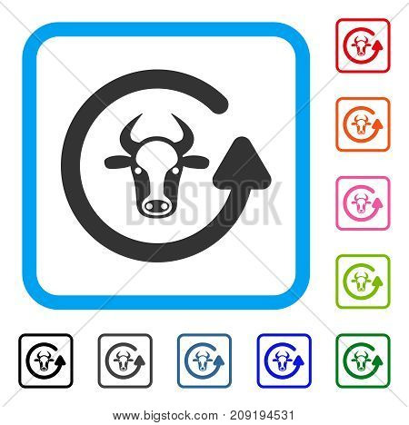 Refresh Bull icon. Flat grey pictogram symbol in a light blue rounded rectangle. Black, gray, green, blue, red, orange color additional versions of Refresh Bull vector.