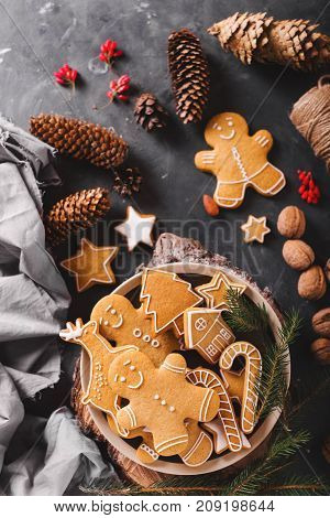 Gingerbread cookies on a gray background. Christmas cookies. Ginger men