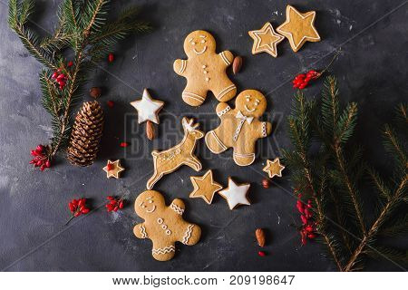 Gingerbread cookies on a gray background. Christmas cookies. Ginger men