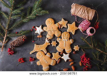 Gingerbread cookies on a gray background. Christmas cookies. Ginger men