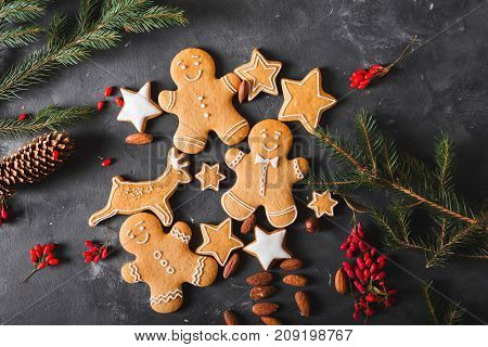 Gingerbread cookies on a gray background. Christmas cookies. Ginger men