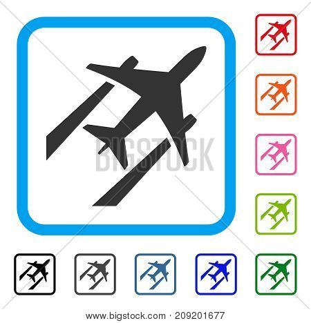 Air Jet Trace icon. Flat gray iconic symbol inside a light blue rounded frame. Black, gray, green, blue, red, orange color additional versions of Air Jet Trace vector.