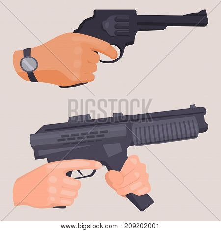 Hand firing with gun protection ammunition. Business startup concept criminal dangerous armed clip violence special revolver. Crime military police firearm hands vector.