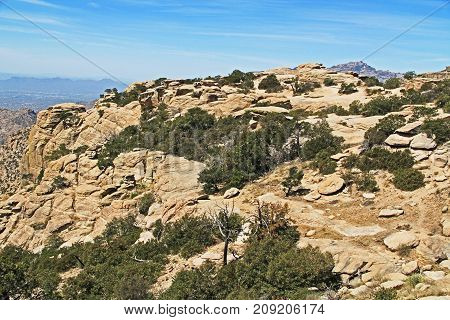 Windy Point on Mount Lemmon in Tucson, Arizona, USA in the Santa Catalina Mountains located in the Coronado National Forest with blue sky copy space.