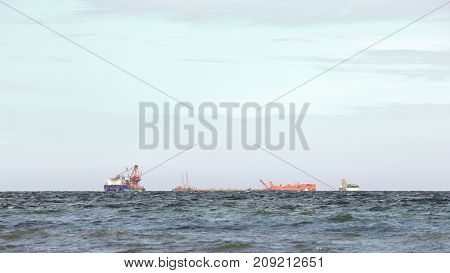 exploratory oil platform under construction offshore in Baltic sea.