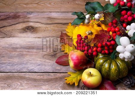 Harvest Background With Snowberry, Green And Yellow Squash