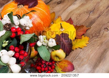 Thanksgiving Background With Snowberry, Pumpkin, Apples And Yellow Squash