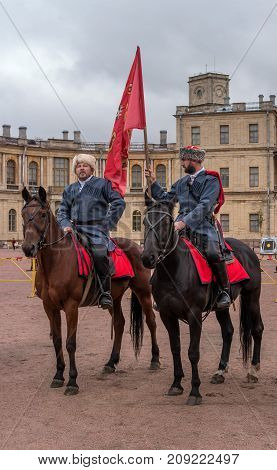 Gatchina St. Petersburg Russia - September 30 2017: Horse show of Cossacks on the parade ground of the Gatchina Palace. The construction of Cossacks on the parade ground of the Gatchina Palace.