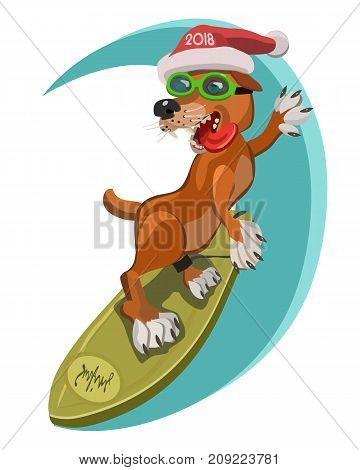 Dog surfers happy new year 2018 is on the Board gets the adrenaline pumping speed slides on the waves of joy and good luck!