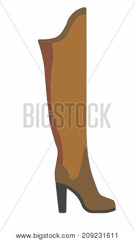 Warm winter female boot made of brown suede with leather insert on solid heel isolated cartoon flat vector illustration on white background. Stylish footwear of modern design for cold weather.