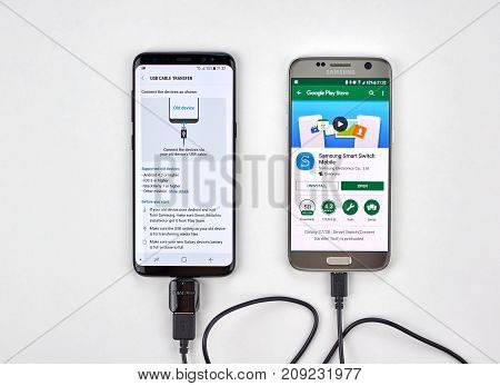MONTREAL CANADA - OCTOBER 12 2017: Smart switch data transfer from Samsung S7 to a new Galaxy S8 device.