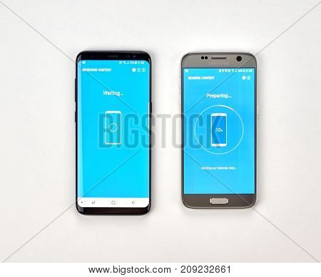 MONTREAL CANADA - OCTOBER 12 2017: Smart switch data transfer from Samsung S7 to a new Galaxy S8 device.