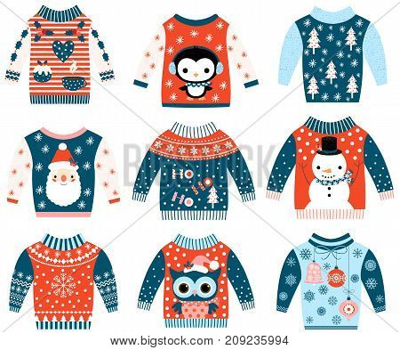 Winter and Christmas vector ugly and cute sweaters in flat style in blue and red colors