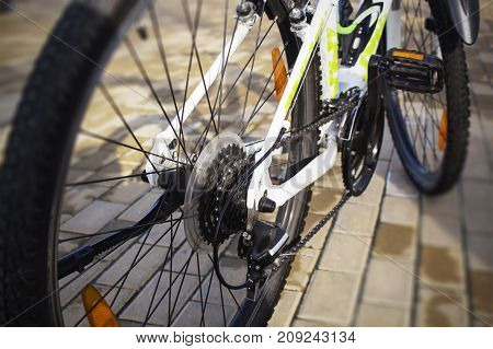 Selective focus of Bicycle gears and rear derailleur.