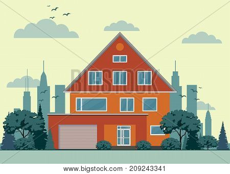 private house with garage . Stock flat vector illustration.