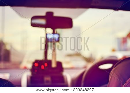 The Scene Of The View From The Taxi Car With Taxi Meter Display In Bangkok, Thailand
