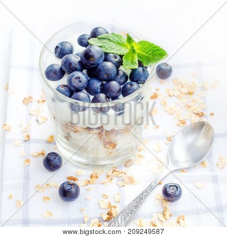 Healthy breakfast of homemade granola cereal with blueberries nuts and fruit honey with drizzlier background. Morning food Diet Detox Clean Eating Vegetarian concept.
