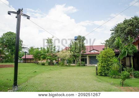 walkway stone color cement grass in the park Beautiful design home