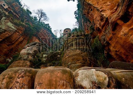 View of the Buddha statue in Leshan, China. Leshan Buddha is the world's largest statue of Buddha, whose height is 71 meters.