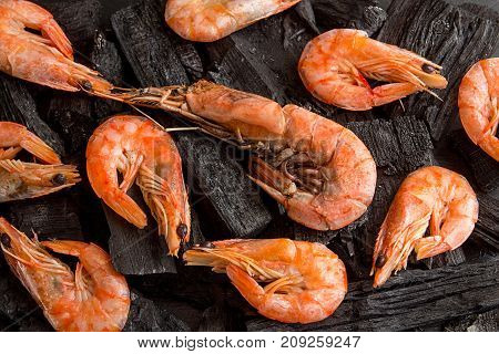 Overhead Shrimps On Charcoal. Seefood Barbecue Concept. Healthy Diet Food.