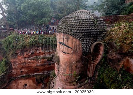 View of the Buddha statue in Leshan, China. Leshan Buddha is the world's largest statue of Buddha, whose height is 71 meters.
