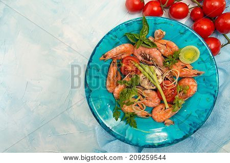 Bbq Grilled Shrimps On Blue Plate On Blue Background  Serving With Cherry Tomato, Parsley, Basil, Le