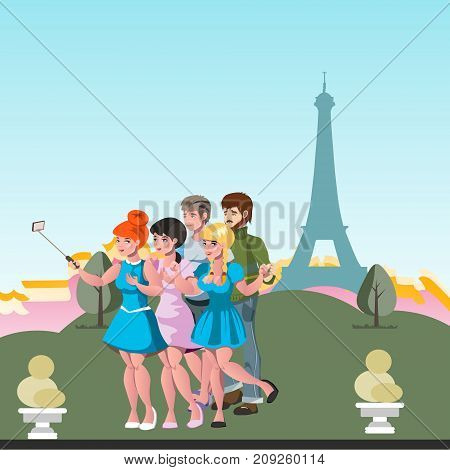 Tourists friend make selfie by Eiffel tower. Vector illustration