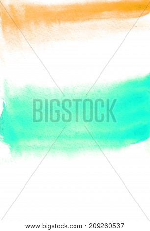Card with tuquoise and orange blots. Watercolor painting for design. Abstract bright textured backdrop. Postcard banner logo invitation. Hand paint isolated on white background. Vector illustration