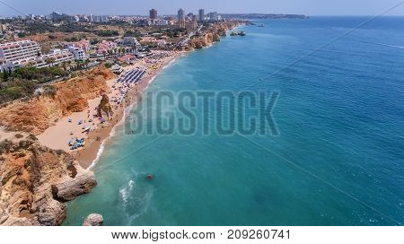 Aerial. Rocks and beaches near the beaches of Portimao.