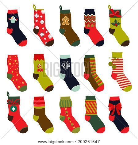 Set of christmas socks. Vector illustrations in flat style. Christmas winter sock for gift holiday