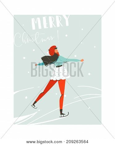 Hand drawn vector abstract fun Merry Christmas time cartoon illustration card with young girl skating on ice isolated on blue background
