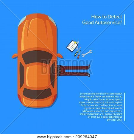 Vector mechanic lying under car with instruments view from above illustration. Mechanic repair car in garage station, under automobile