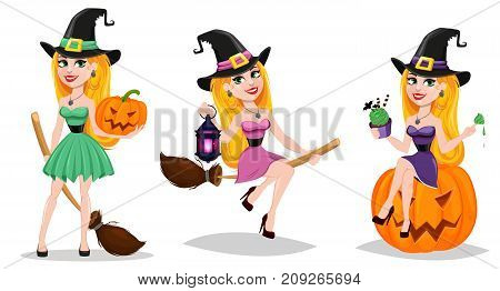 Halloween cute cartoon character for holiday. Set with beautiful lady witch flying on broom and witch sitting on pumpkin. Stock vector illustration.
