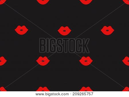 Seamless pattern of cartoon red lips on black background. Banner fashion makeup cosmetics. - Stock vector