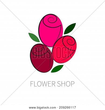 Three red rose bud isolated on white background. Logo of flower shop. Icon delivery of fresh flowers. - Stock vector