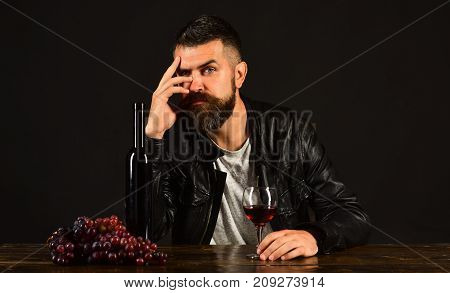 Degustator With Calm Face Sits By Wine Bottle And Grapes
