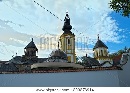 Three church towers at monastery Privina Glava, Šid, Serbia