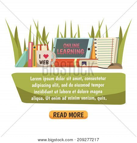Online education orthogonal composition with text banner and collection of decorative icons used in online learning advertising flat vector illustration