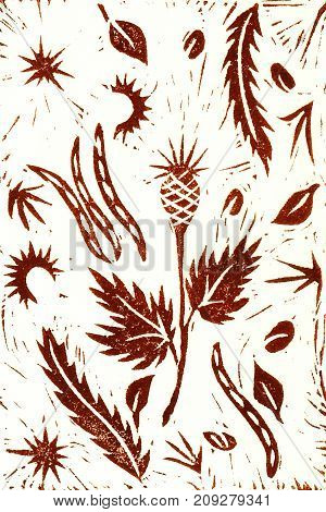 Hand drawing linocut. Brown. Autumn plants. Seeds thistles leaves