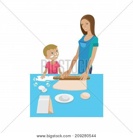 Mother and baby in different lifestyle situations. Happy family. Mom and son are cooking together. Tests food in the kitchen. Cooking training, common everyday life. Illustration in cartoon style.
