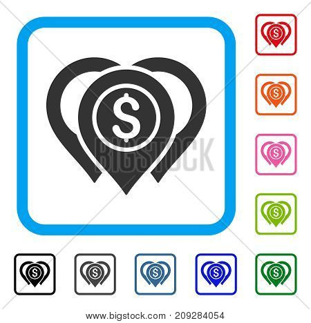 Dollar Map Markers icon. Flat gray iconic symbol in a light blue rounded frame. Black, gray, green, blue, red, orange color variants of Dollar Map Markers vector.