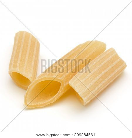 Italian pasta isolated on white background. Pennoni. Penne rigate.