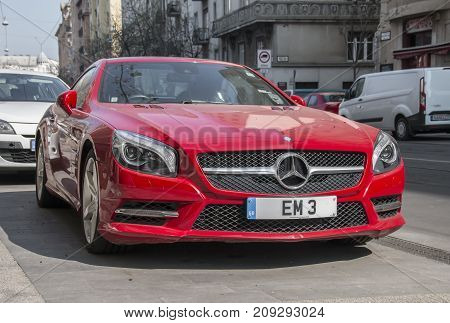 March 25, 2017 - Budapest, Hungary - Red Mercedes Sl 350 Car Parked In The Street In Budapest